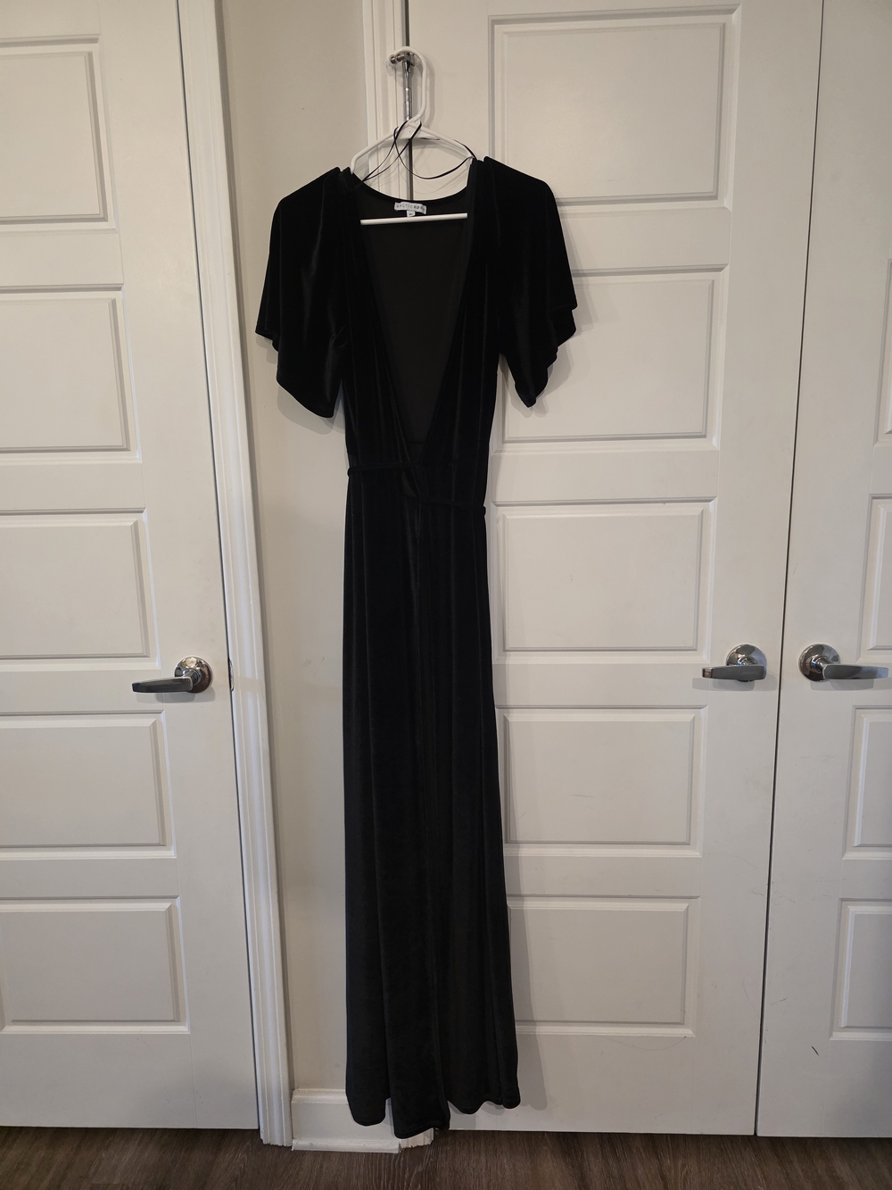 Baltic Born Black Velvet Deep V Maxi Dress with Flutter Sleeves